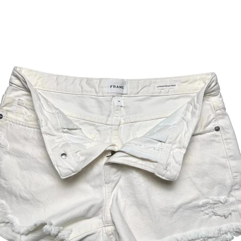 FRAME | Women | Le Grand Garcon Off White Distressed Denim Cut Off Shorts | 26 - Picture 9 of 13